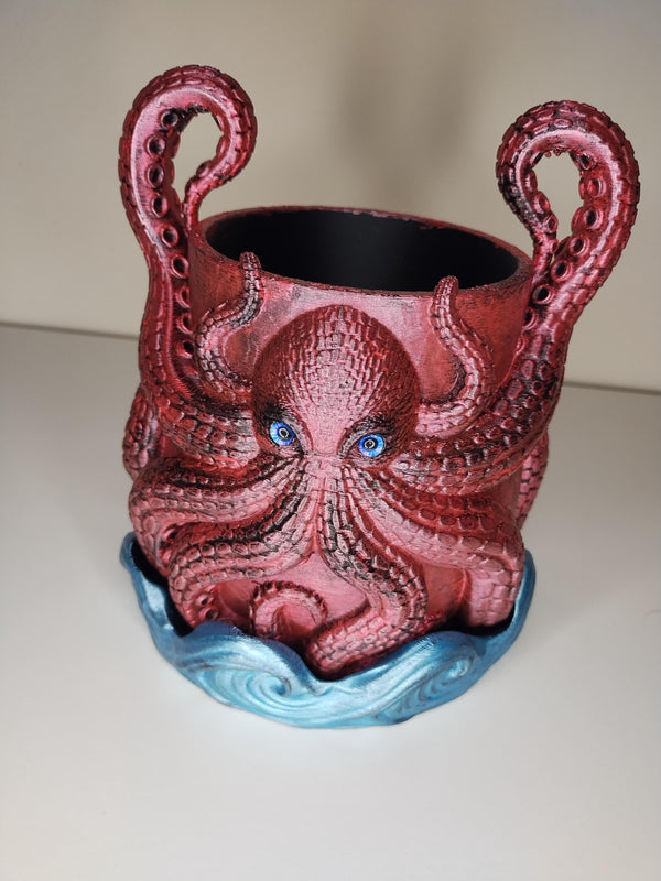 Red Kraken Planter with Wave Drip Tray – 3D Printed Succulent Pot – Ocean Coastal Decor